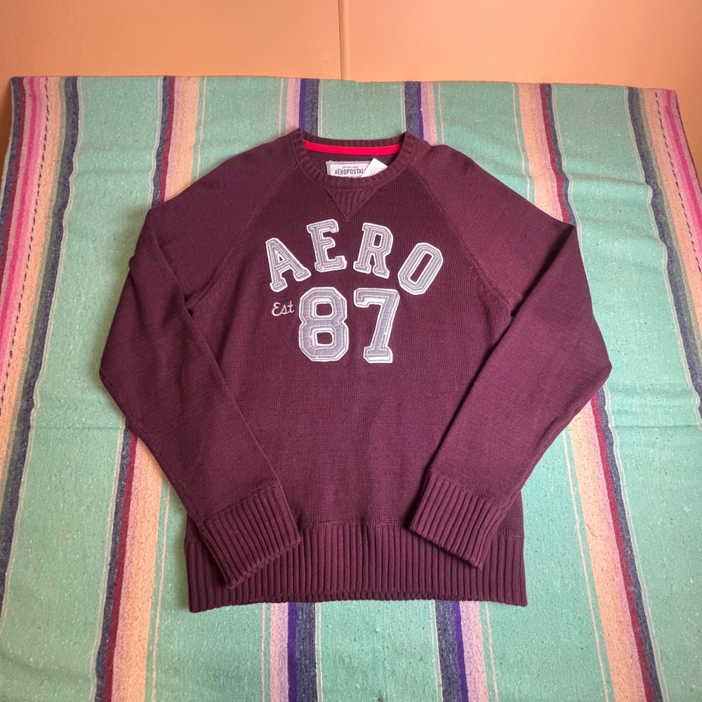 Aeropostale Sweater Mens XL Burgundy AERO 87 Crewneck Raglan Pullover Knit